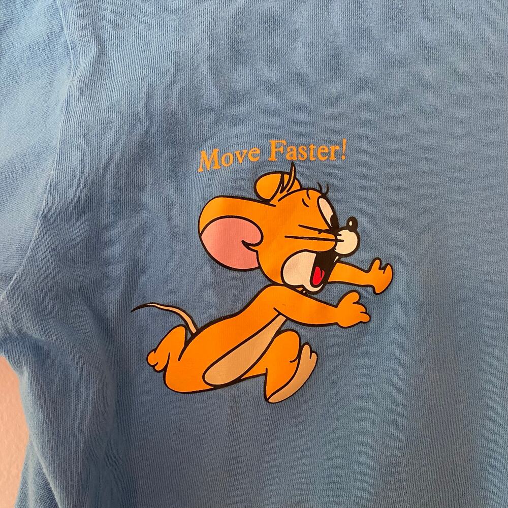"Main Label" Off-White Blue Move Faster! Tom Jerry Short Sleeve Tee Men Large - Picture 4 of 12